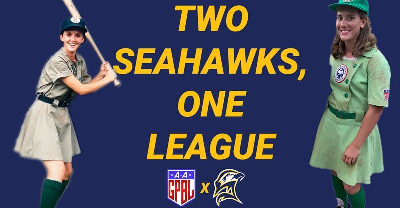 graphic of Julie Croteau '93 and Skylar Kaplan '25 in "A League of Their Own" wardrobe with words Two Seahawks, One League