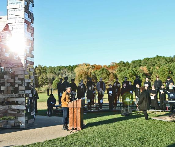 President Tuajuanda C. Jordan speaks to a crowd gathered at the Commemorative to Enslaved Peoples of Southern Maryland at the 2021 Sacred Journey event honoring the anniversary of the Commemorative