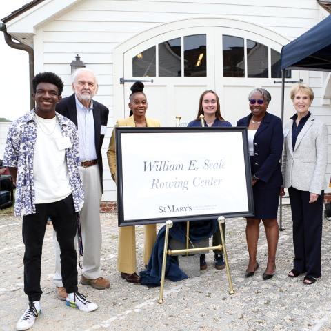 Zane Obi '25, William E. Seale, Crystal Gibson, Meara Johnson '24, President Tuajuanda Jordan, Board Chair Susan Dyer