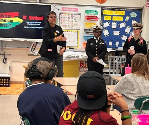 Jerri Howland speaks to students at Great Mills High School