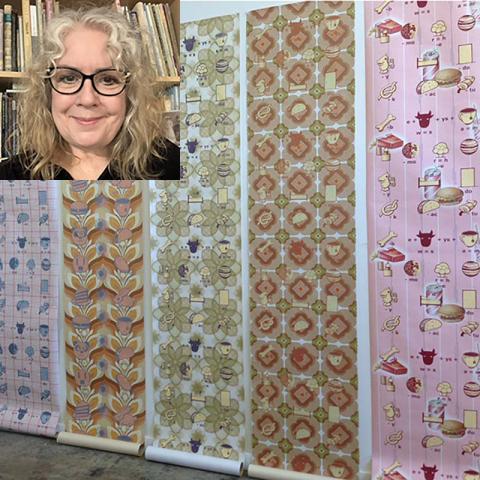 Sue Johnson with screen-prints that are on exhibition at Pyramid Atlantic Art Center through April