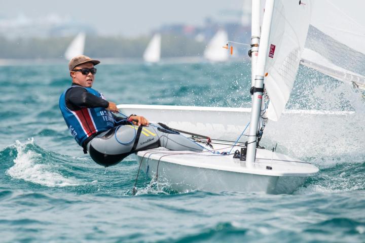 Leo Boucher competing in the single handed (ILCA 7) event of the Olympic Trials 