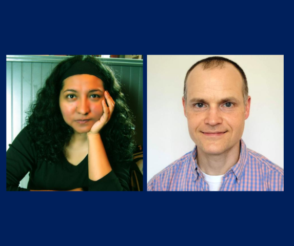 portraits of Argelia González Hurtado and James Martell on a blue background