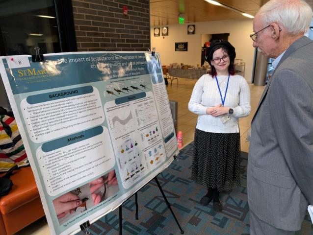 Di stands beside a research poster, explaining the content to an older individual. The poster covers the impact of testosterone in male anoles, detailing methods and findings. They are in an indoor setting with a modern design.