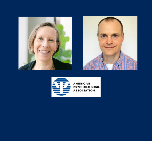Two portraits above the American Psychological Association logo set against a blue background.