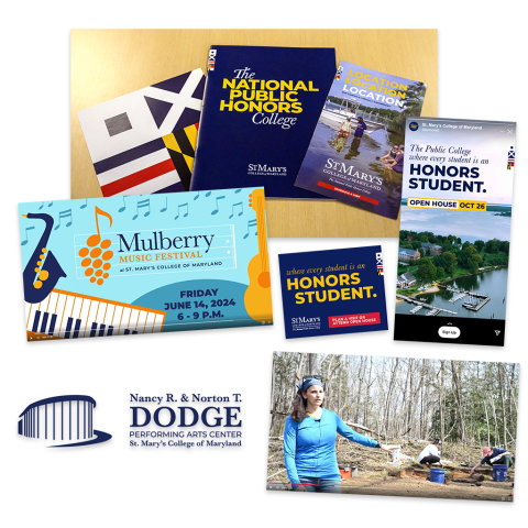 A collage of items from St. Mary's College of Maryland, including brochures, a music festival video screen capture, a building logo, and a woman gesturing at an excavation site. Bright, colorful designs emphasize school events and branding.
