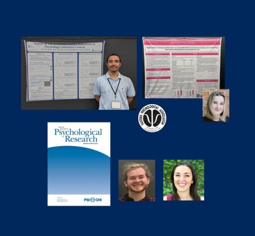 A collage featuring a person standing by a large academic poster, logos, journal cover, and headshots of three individuals against a blue background. The poster is about psychology laboratory courses, and there's a seal of a psychological organization.