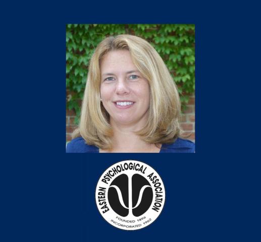 Professional headshot of a smiling person with blonde hair in front of a leafy background, set on a blue backdrop. Below, the Eastern Psychological Association logo is displayed.