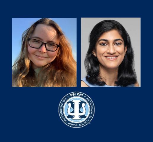 Two smiling individuals are pictured against a blue background, each in separate squares. Below them is the Psi Chi International Honor Society in Psychology emblem, featuring a torch and laurel design.
