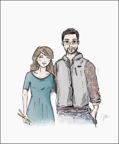 Illustration of cartoonist and professor. The man sports glasses and a vest, while the woman wears a teal dress and holds paintbrushes. They stand closely together against a white background.