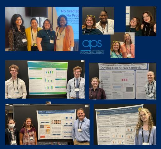 Collage of people standing by research posters and posing at an event, with APS (Association for Psychological Science) signage visible in one photo.