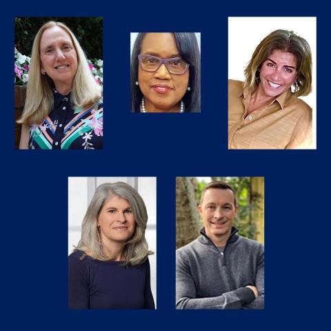 Five adults are shown in individual portrait photos arranged on a blue background. Four are women and one is a man. They are all smiling and looking at the camera.
