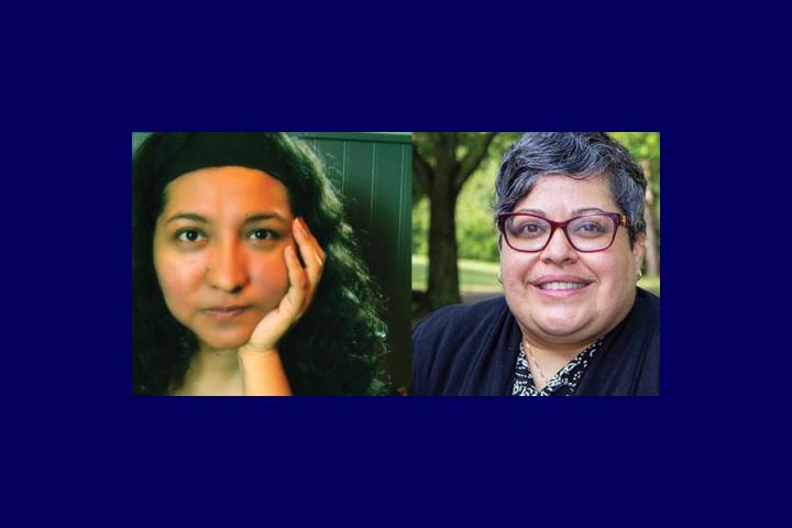 Two women are shown side by side; the woman on the left has curly hair and rests her face on her hand, while the woman on the right has short hair, glasses, and is smiling.