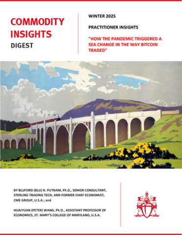 Cover of "Commodity Insights Digest," Winter 2025 edition, featuring an illustration of a train crossing a large bridge with the headline about bitcoin and the pandemic.