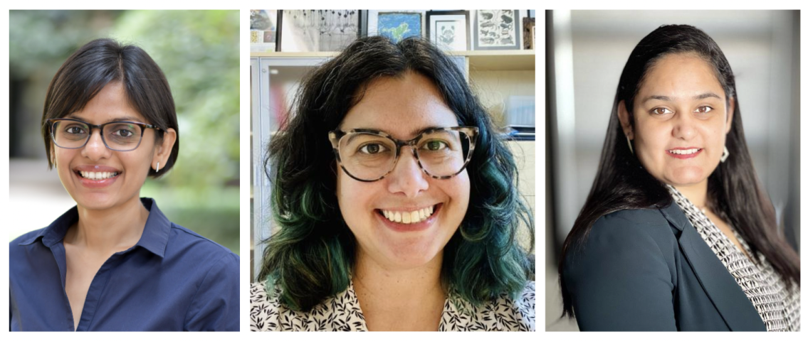 Three women, each smiling, are pictured in individual headshots against different backgrounds; two are wearing glasses and business casual attire.