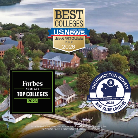 Aerial view of a college campus with award badges from U.S. News, Forbes, and The Princeton Review highlighting top college rankings for 2025 and 2026.