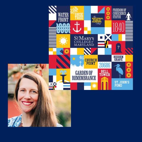 A woman with long brown hair smiles outdoors; next to her is a colorful graphic featuring icons and text related to St. Mary’s College of Maryland.