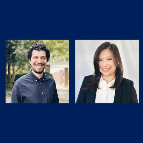 Two people are shown in separate portraits against a blue background; the man is outdoors and smiling, the woman is indoors and also smiling.