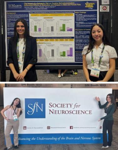 Two women stand in front of a scientific poster in one photo and in front of a Society for Neuroscience banner in another, at a conference.