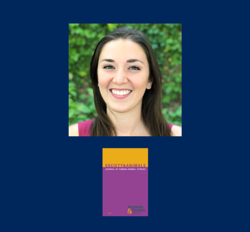 A woman smiling in front of greenery is shown above the cover of the journal "Society & Animals" against a dark blue background.