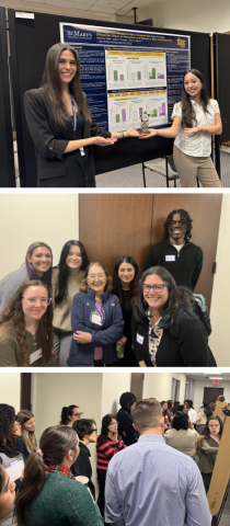 Three photos: two women presenting a research poster, a group of people smiling at the camera, and a crowd conversing at an indoor academic event.