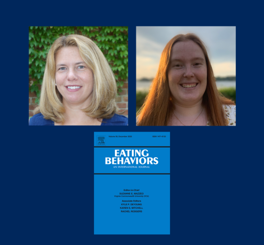 Two women are shown in individual headshots above the cover of the journal "Eating Behaviors: An International Journal" on a blue background.