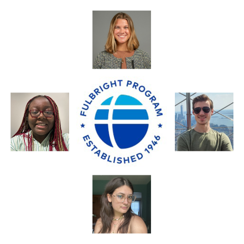 Four individuals' portraits surround the Fulbright Program logo, which features a blue globe design and the text "Established 1946.