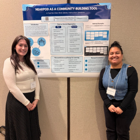 Two women stand in front of a presentation poster titled "Nearpod as a Community-Building Tool" at a conference or academic event.