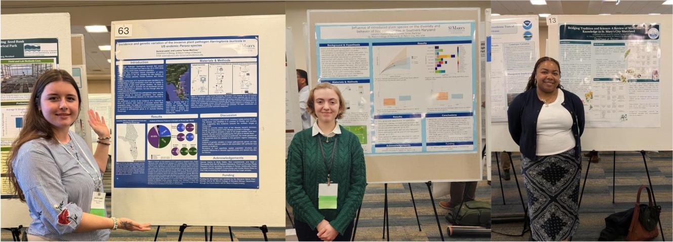Three individuals stand next to separate research posters at a conference, each presenting scientific information with charts and text on display boards.