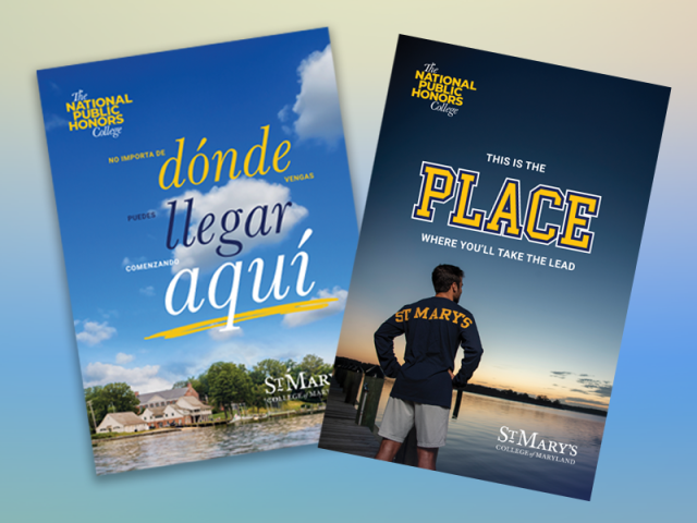 Two St. Mary's College of Maryland brochures; one in Spanish with a riverside background, one in English showing a student by the water at sunset.