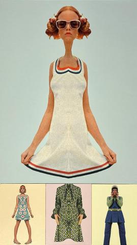 Artwork by Sue Johnson: Small Combine V. 6 (Cool Cat), 2025, acrylic and wax painting with archival pigment print and image transfer on paper mounted on wood panel, 32x18 inches. The image shows a stylized illustration of a woman in a white dress with red and blue trim, above three smaller images of models showing different 1960s-style outfits.