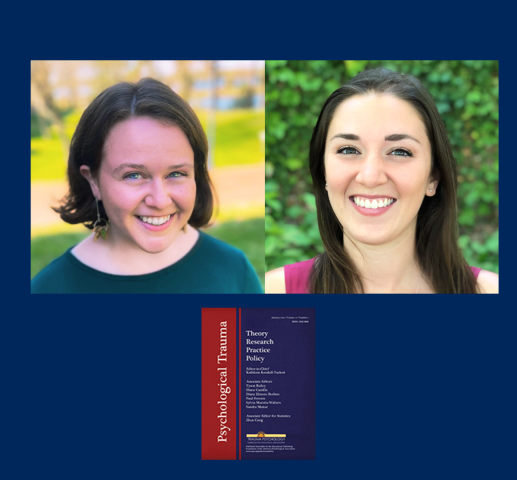 Two women smiling outdoors are pictured above a journal cover titled “Psychological Trauma: Theory, Research, Practice, Policy” on a solid blue background.