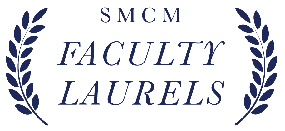 Logo for SMCM Faculty Laurels, featuring the text framed by two laurel branches.