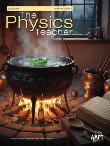 The Physics Teacher magazine cover for January 2026, showing a green frog in a steaming cauldron over a fire.