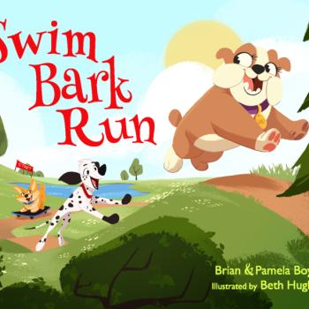 Swim, Bark, Run cover with several dogs running after each other in a forest.