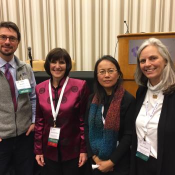 Assistant Professor Environmental Studies Barry Muchnick, Chair, Caryn McTighe Musil (Senior Scholar and Director of Civic Learning and Democracy Initiatives, AAC&U), and fellow panelists (and awardees) Feng Lui (Associate Prof. Informatics, Mercer University), and Spoma Jovanovic (Prof. Communication Studies, UNC Greensboro).