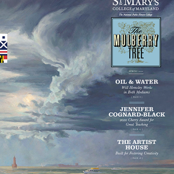 Cover of the spring issue of Mulberry Tree featuring painting by Will Hemsley of stormy sky over marina