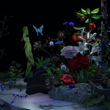 3D modeled image of dark forest with elaborate foliage and insects.