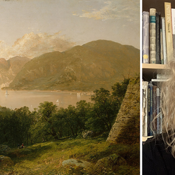 painting of a Hudson River landscape (public domain) and portrait of Sue Johnson