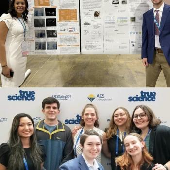 Two pictures of students smiling in front of scientific posters.