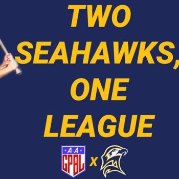  graphic of Julie Croteau '93 and Skylar Kaplan '25 in "A League of Their Own" wardrobe with words Two Seahawks, One League 