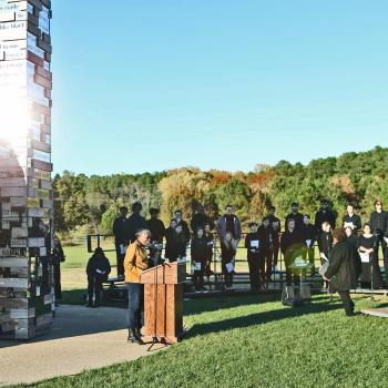 President Tuajuanda C. Jordan speaks to a crowd gathered at the Commemorative to Enslaved Peoples of Southern Maryland at the 2021 Sacred Journey event honoring the anniversary of the Commemorative 