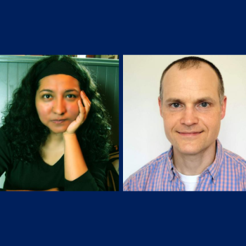 portraits of Argelia González Hurtado and James Martell on a blue background 