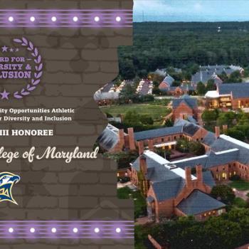 image of overhead shot of campus with graphic to the left that says St. Mary's College of Maryland honoree 