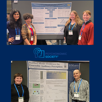 Psychology students and faculty in front of research posters at the Psychonomic Society meeting in 2024