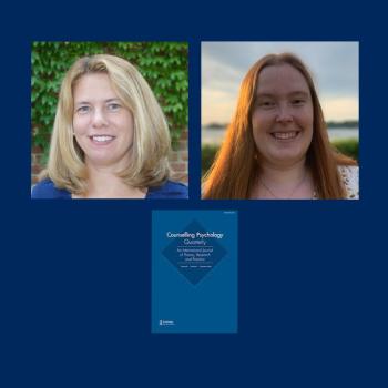 Jennifer Tickle (smiling female with medium length blond hair and blue eyes wearing a blue top) and Julia Fitzpatrick (smiling female with long red hair) and image of Counselling Psychology journal cover