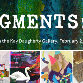 Poster for "Fragments: Reflections on Memory" exhibit at Kay Daugherty Gallery, February 21st - April 27th. Features various artwork images, including sculptures, paintings, and a building model. Background has a textured blue-green pattern.