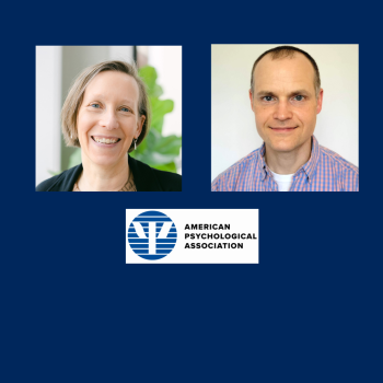 Two portraits above the American Psychological Association logo set against a blue background.
