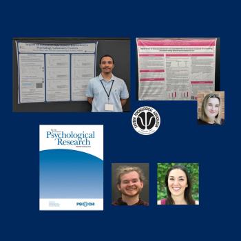 A collage featuring a person standing by a large academic poster, logos, journal cover, and headshots of three individuals against a blue background. The poster is about psychology laboratory courses, and there's a seal of a psychological organization.