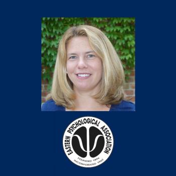 Professional headshot of a smiling person with blonde hair in front of a leafy background, set on a blue backdrop. Below, the Eastern Psychological Association logo is displayed.